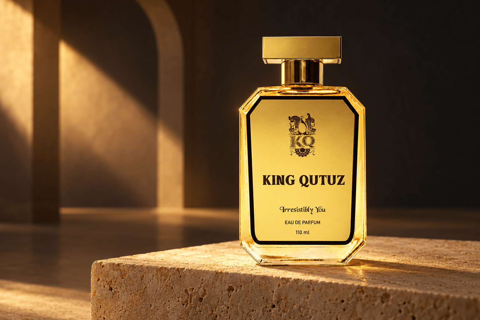 K&Q King Qutuz perfume on a stone plinth